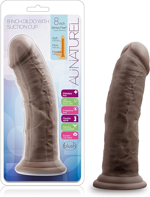 Blush Novelties Au Naturel 8" Realistic Dildo, Long, Thick, Suction Cup Harness Compatible, Sex Toy for Women, Sex Toy for Adults Chocolate