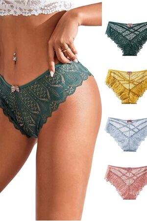 Women 4 Pack Lace Sexy Panties Elegant Bow Decor Crisscross Lace Underwear