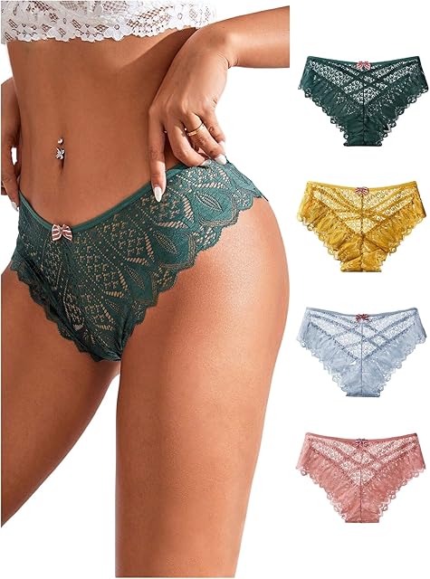 Women 4 Pack Lace Sexy Panties Elegant Bow Decor Crisscross Lace Underwear