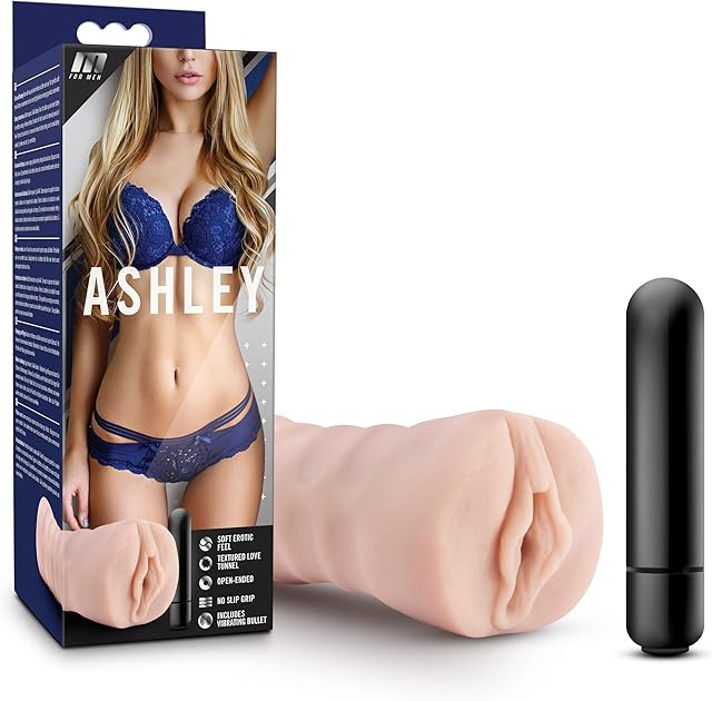 Blush Novelties M for Men Ashley 5 1/4 Inch Easy to Clean Soft Ribbed Male Open Ended Masturbator Stroker - AAA Battery One Speed Waterproof Bullet Vibrator - Sex Toy for Guys Men Couples - Vanilla