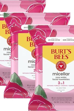 Burt's Bees Rose Water Face Wipes, Travel Essentials, for All Skin Types, Hydrating Micellar Makeup Remover & Facial Cleansing Towelettes, 30 Ct (3-Pack)
