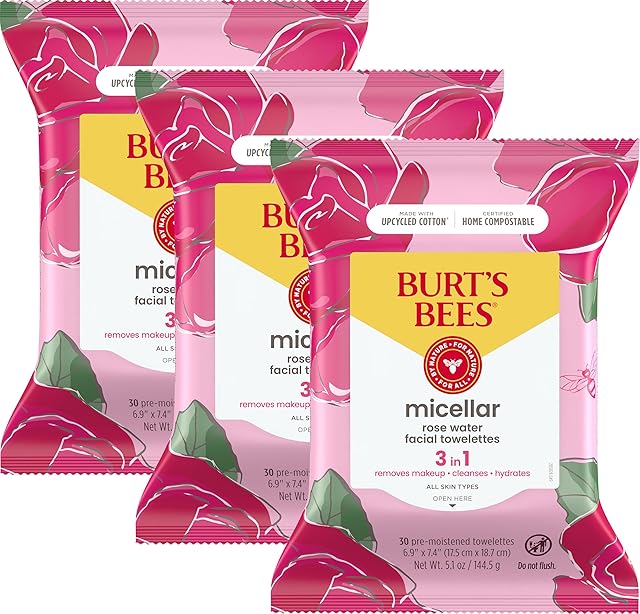 Burt's Bees Rose Water Face Wipes, Travel Essentials, for All Skin Types, Hydrating Micellar Makeup Remover & Facial Cleansing Towelettes, 30 Ct (3-Pack)