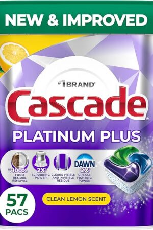 Cascade Platinum Plus Dishwasher Pods, Dishwasher Detergent, Dish Detergent Soap, Lemon, 57 Count