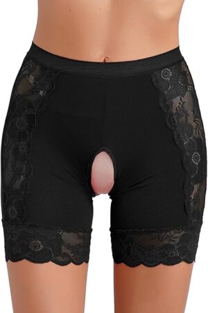 Women's Lace Trim Boy Shorts Panties High Waist Hollow Out Sexy Underwear Undershorts