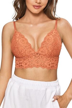 Women's Lace Padded Bralette Plunge Wireless Longline Bra for A to D Cups