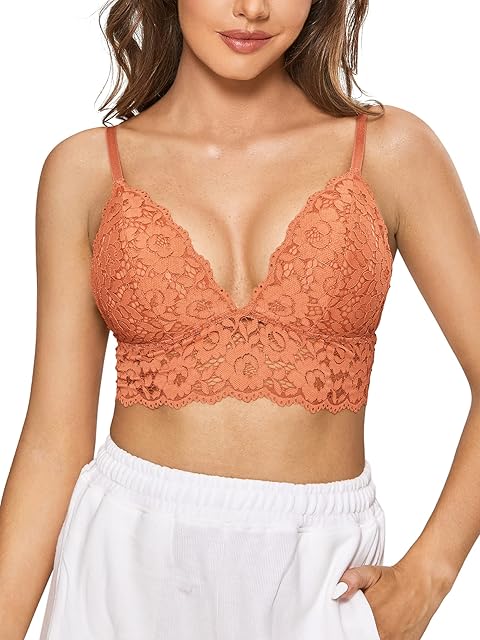 Women's Lace Padded Bralette Plunge Wireless Longline Bra for A to D Cups