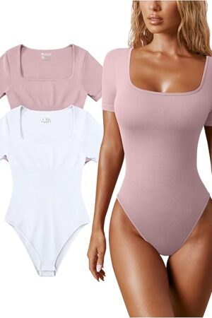 Women's 2 Piece Bodysuits Sexy Ribbed One Piece Square Neck Short Sleeve Bodysuits