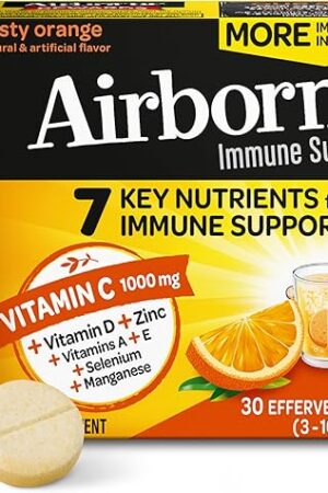 Airborne 1000mg Vitamin C with Vitamin D & Zinc, Sugar Free Multivitamin Immune Support Supplement, Antioxidants Vitamins A C & Vitamin E, 30 Effervescent Tablets, Zesty Orange Flavor