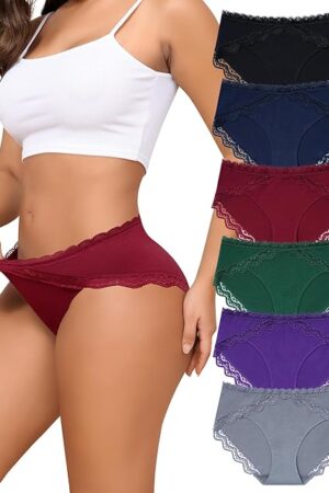 Cotton Underwear for Women Lace Cut Out Bikini Panties Stretch Ladies Cheeky Briefs 6 Pack S-XXL