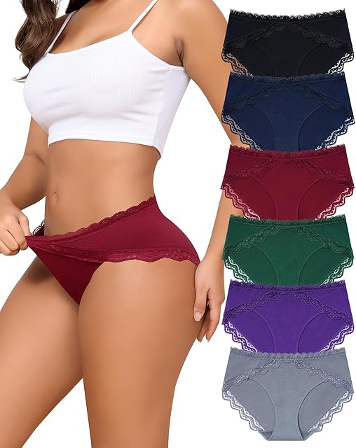 Cotton Underwear for Women Lace Cut Out Bikini Panties Stretch Ladies Cheeky Briefs 6 Pack S-XXL