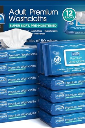Inspire Adult Wet Wipes, Wash Cloths | Adult Wipes for Incontinence & Cleansing for Elderly, 8"x12" Count 12 packs of 50