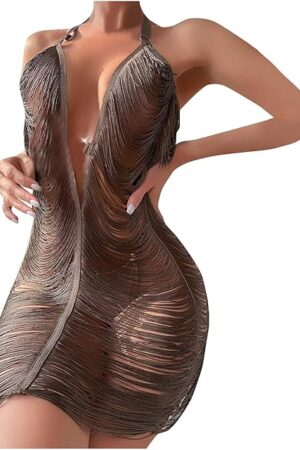 Women Sexy Halter See Through Dress Beach Swimsuit Cover Up Swimwear Sheer Tassel Dresses Nightclub Bodycon Lingerie