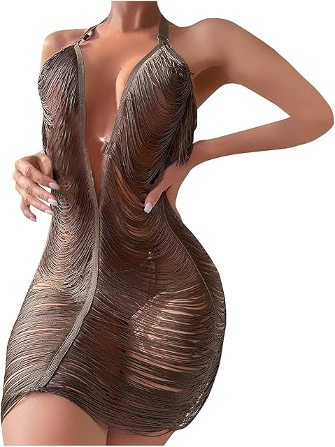 Women Sexy Halter See Through Dress Beach Swimsuit Cover Up Swimwear Sheer Tassel Dresses Nightclub Bodycon Lingerie