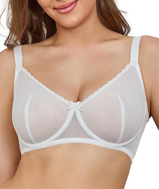 Women's Mesh Bra Sexy Sheer Lace Unlined Underwire Support Plus Size See Through Bras 34C-42DDD