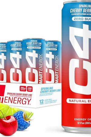 Cellucor C4 Smart Energy Drink  Boost Focus and Energy with Zero Sugar, Natural Energy, and Nootropics - 200mg Caffeine - Cherry Berry Lime (12oz Pack of 12)