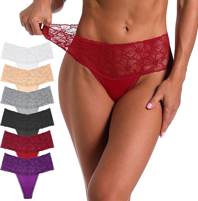 Women's High Waisted Retro Lace Thong Panties Seamless Plus Size Cotton Underwear