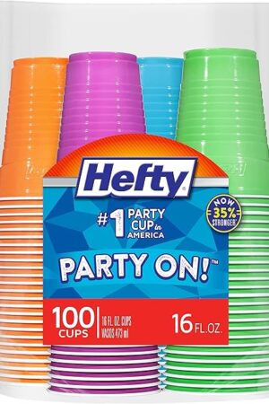 Hefty Party On Disposable Plastic Cups, Assorted, 16 Ounce, 100 Count