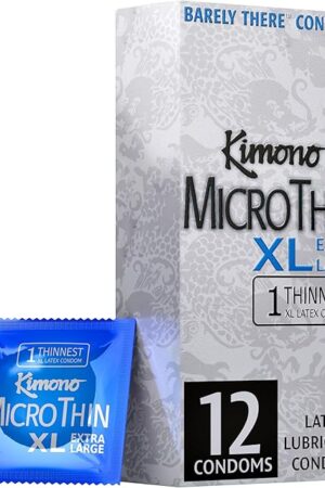 Kimono MicroThin XL Pack of 12 - Ultra Thin Lubricated Condoms, Natural Latex, Vegan-Friendly, No Latex Odor, Extra Thin, Widest-Base - Enhanced Sensitivity