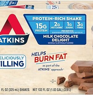 Atkins Milk Chocolate Delight High Protein Shake, 15g Protein, Low Glycemic , 2g Net Carb, 1g Sugar, Keto Friendly , Chocolate Flavored Protein Shakes, 12 Count