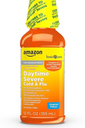 Amazon Basic Care Severe Daytime Cold and Flu, Maximum Strength Liquid Cold Medicine, Non-Drowsy, Multi-Symptom Relief, for Adults and Children Age 6 and Over, Original, 12 fl oz (Pack of 1)