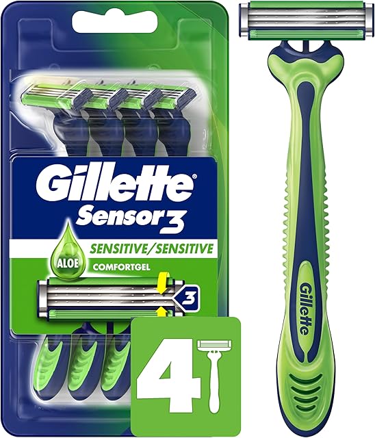 Gillette Sensor3 Sensitive Men's Disposable Razor, 4 Razors