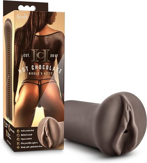 Blush Nicole's Kitty Pocket Pussy Stroker - 5" Realistic Vagina Masturbator for Men - Soft X5+ TPE, Ribbed Tunnel, Snug Fit, Open-Ended Masturbation Sleeve - Sex Toy for Male Pleasure - Hot Chocolate