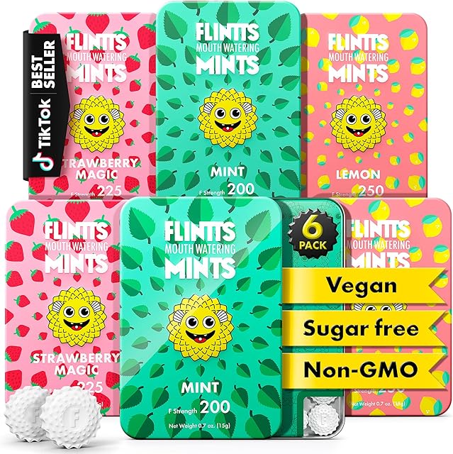 Flintts Mints 2x After Party Pack - Mint (2), Strawberry Magic (2), Lemon(2) - Sugar Free & Vegan, Mouth Watering Mints for Oral Health - Breath Freshener Mint Pocket Size - Dry Mouth Products