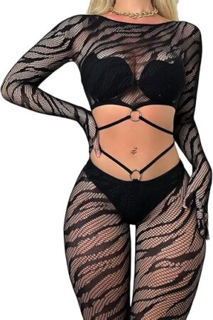 Women's Long Sleeve Mesh Cut Out Bodystocking Ring Linked Fishnet Teddy Lingerie Sleepwear