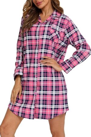 Women's Sleep Shirt Flannel Print Pajama Top Button-Front Nightshirt Sleepwear