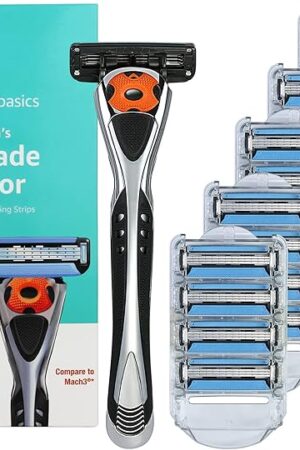 Amazon Basics 3-Blade Motion Sphere Razor for Men with Dual Lubrication, Handle & 20 Cartridges, Cartridges fit Amazon Basics Razor Handles only, 21 Piece Set, Black (Previously Solimo)