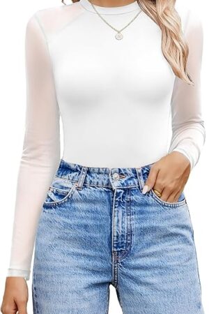 Women Long Sleeve Bodysuit Crew Neck Body Suits Mesh One Piece Leotards Shirt Going Out Bodysuit Tops