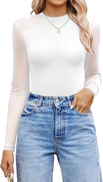 Women Long Sleeve Bodysuit Crew Neck Body Suits Mesh One Piece Leotards Shirt Going Out Bodysuit Tops