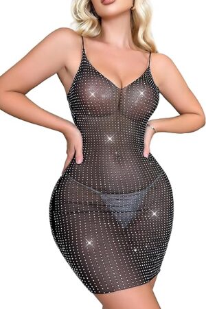 Women Lingerie Sexy Mesh Nightgown Rhinestone Teddy Lingerie Corset Bodysuit Chemise Dress