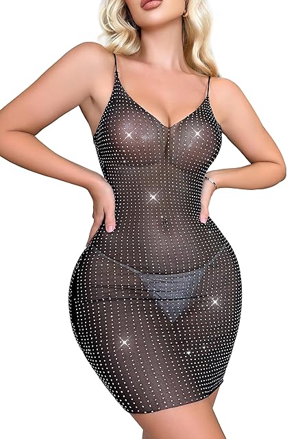 Women Lingerie Sexy Mesh Nightgown Rhinestone Teddy Lingerie Corset Bodysuit Chemise Dress