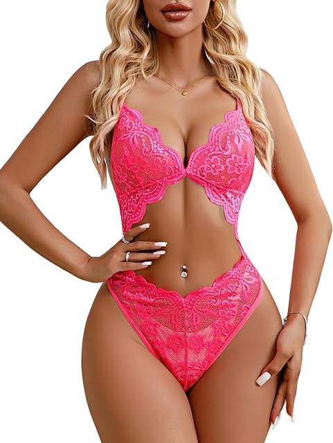 Women Sexy Lingerie Lace Teddy V Neck Snap Crotch Cut Out Bodysuit One Piece Babydoll