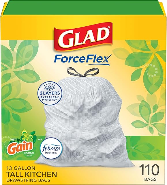 Glad Tall Kitchen Trash Bags 13 Gallon, Gain Original Garbage Bags, Odorshield with Drawstring, 110 Count