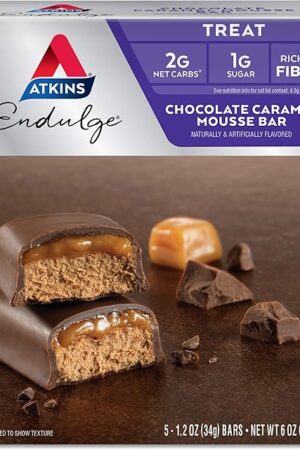 Atkins Endulge Chocolate Caramel Mousse Bar, Dessert Favorite, 1g Sugar, High in Fiber, 5 Count