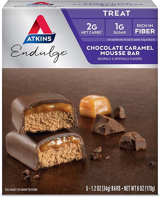 Atkins Endulge Chocolate Caramel Mousse Bar, Dessert Favorite, 1g Sugar, High in Fiber, 5 Count
