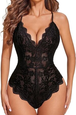 Women One Piece Lingerie Deep V Teddy Sexy Lace Bodysuit Snap Crotch Babydoll
