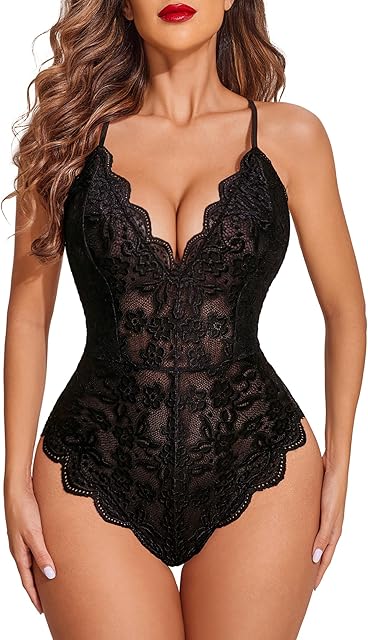 Women One Piece Lingerie Deep V Teddy Sexy Lace Bodysuit Snap Crotch Babydoll
