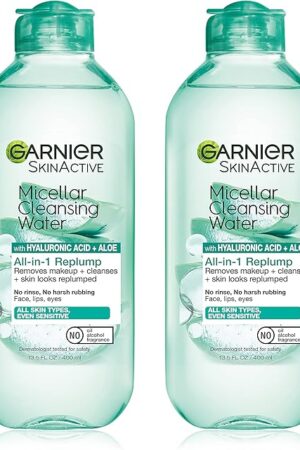 Garnier Micellar Water with Hyaluronic Acid, Facial Cleanser & Makeup Remover, Hydrating and Plumping, For All Skin Types, Vegan, Cruelty Free, 135 Fl Oz (400mL), 2 Count