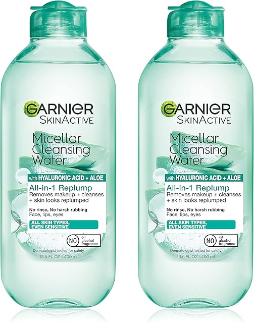 Garnier Micellar Water with Hyaluronic Acid, Facial Cleanser & Makeup Remover, Hydrating and Plumping, For All Skin Types, Vegan, Cruelty Free, 135 Fl Oz (400mL), 2 Count