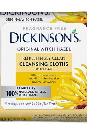 Dickinson's Original Witch Hazel Cleansing Cloths with Aloe | 100% Natural Distilled Witch Hazel | Extra-Large, Ultra-Soft Wipes | Removes Dirt, Oil, Makeup | 25 Cloths (1 Pack)
