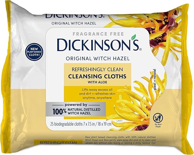 Dickinson's Original Witch Hazel Cleansing Cloths with Aloe | 100% Natural Distilled Witch Hazel | Extra-Large, Ultra-Soft Wipes | Removes Dirt, Oil, Makeup | 25 Cloths (1 Pack)