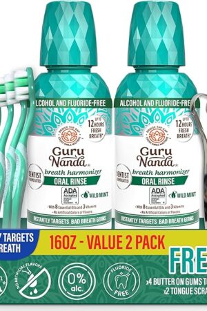 GuruNanda Fresh Breath Mouthwash, ADA-Accepted, Alcohol & Fluoride-Free, Sodium Chlorite, Essential Oils & Vitamins, 12-Hrs Fresh Breath, Wild Mint, 16 oz - 2 Pack