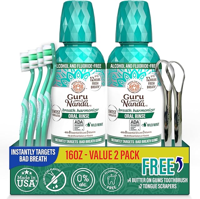 GuruNanda Fresh Breath Mouthwash, ADA-Accepted, Alcohol & Fluoride-Free, Sodium Chlorite, Essential Oils & Vitamins, 12-Hrs Fresh Breath, Wild Mint, 16 oz - 2 Pack