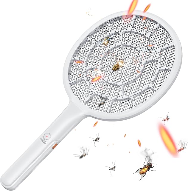 Electric Fly Swatter, Bug Zapper, Mosquito Zapper Racket | Gold Zone Voltage, Densest 3 mm Mesh, Apple-Like Weight - AA Battery Powered (not incl) - Indoor & Outdoor Use with Pro Swat Tips