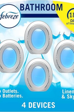 Febreze Bathroom Air Freshener, Odor-Fighting, Plug In Alternative, Air Fresheners for Home and Bathroom and Kitchen, Closet Air Fresheners, Linen & Sky Scent, 4 Count