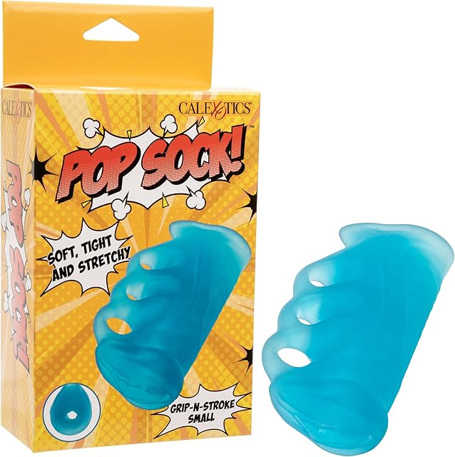 CalExotics Pop Sock! Grip-N-Stroke Small, 5.5 Inch Textured Male Masturbator with 3 Finger Grip, Dual Entry and Easy Cleaning Open End Blue SE-0936-70-3