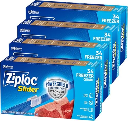 Ziploc Quart Food Storage Freezer Slider Bags, Power Shield Technology for More Durability, 34 count, 4 Pack, 136 Total